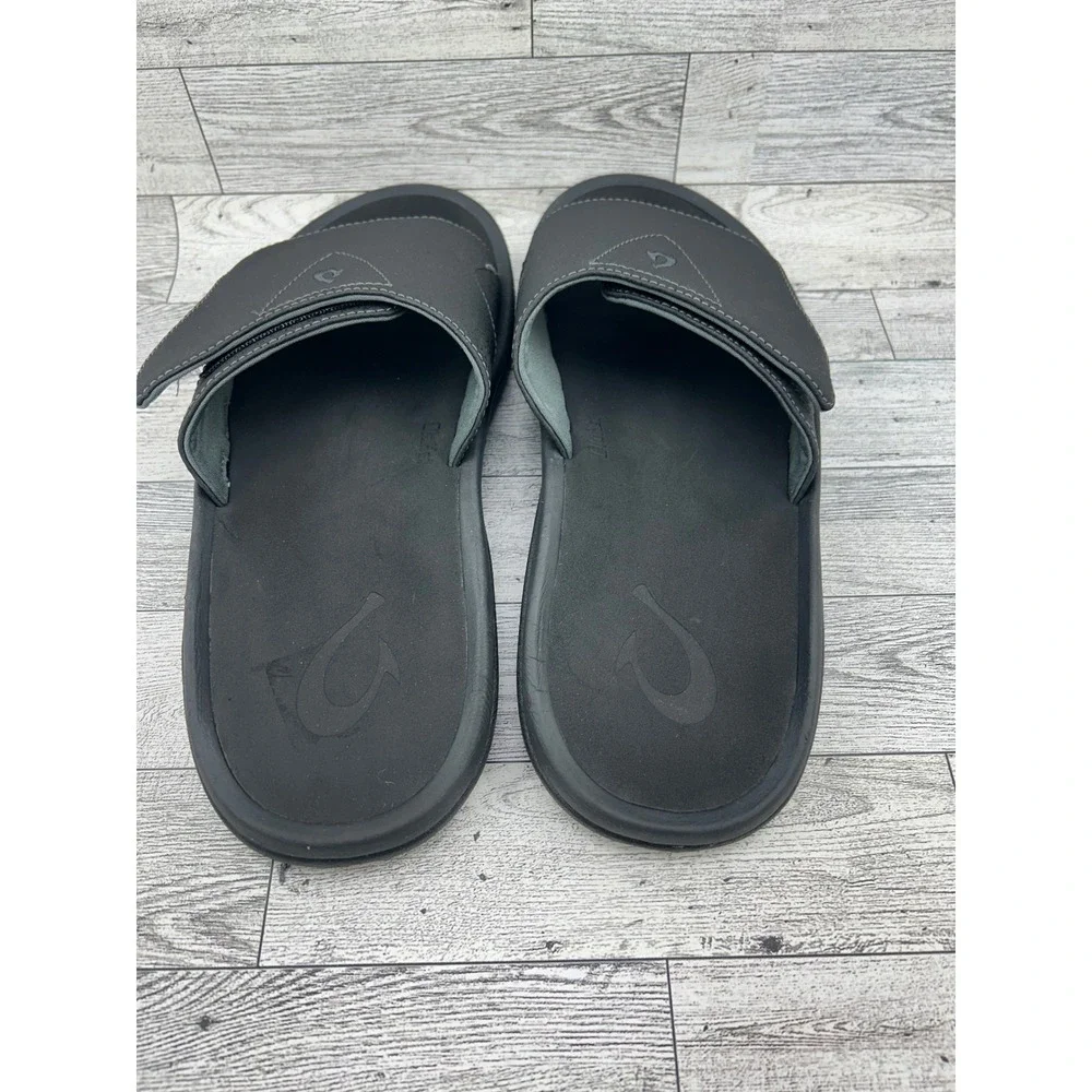 Olukai Nalu Slide Black Adjustable Strap Sandals 10332-4040 Men Sz 10
